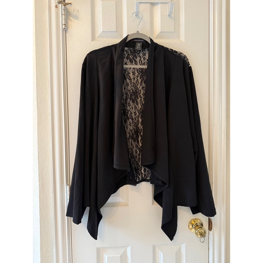 Ashley Stewart 16 Black Lace Back Waterfall Open Front Cardigan‎ Plus Size